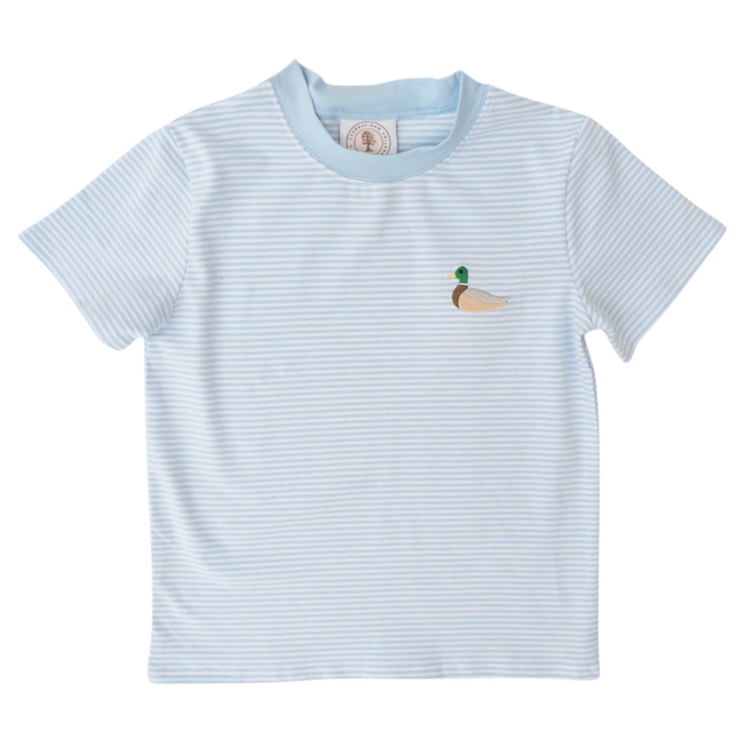 A light blue and white striped short-sleeve t-shirt with a small embroidered mallard duck on the left chest, displayed flat against a white background, that store