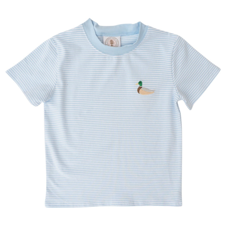 A light blue and white striped short-sleeve t-shirt with a small embroidered mallard duck on the left chest, displayed flat against a white background, that store