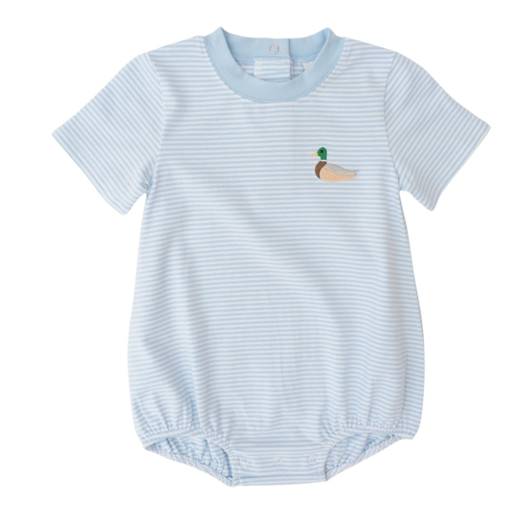A baby short-sleeve romper with light blue and white horizontal stripes, featuring a small embroidered mallard duck on the left chest and a light blue crew neckline, that store