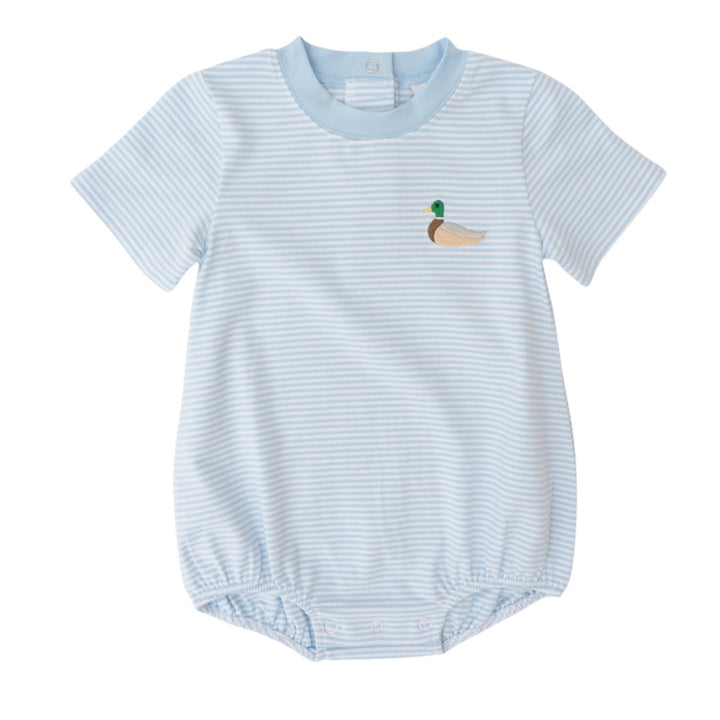 A baby short-sleeve romper with light blue and white horizontal stripes, featuring a small embroidered mallard duck on the left chest and a light blue crew neckline, that store