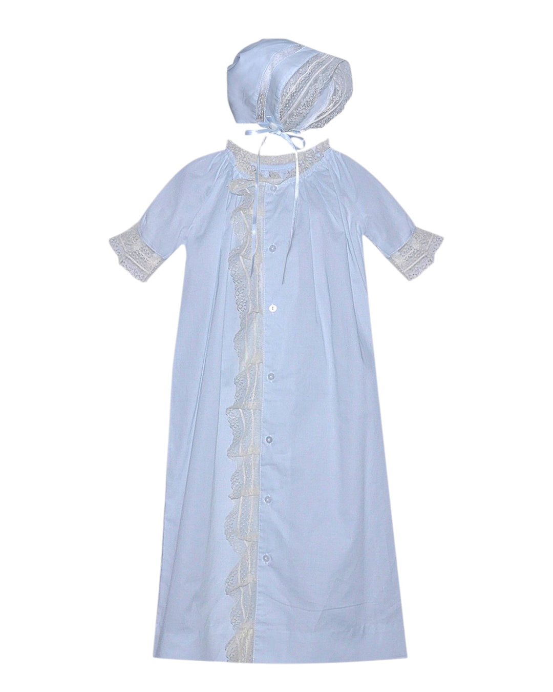 Light blue baby gown with bonnet on a white background