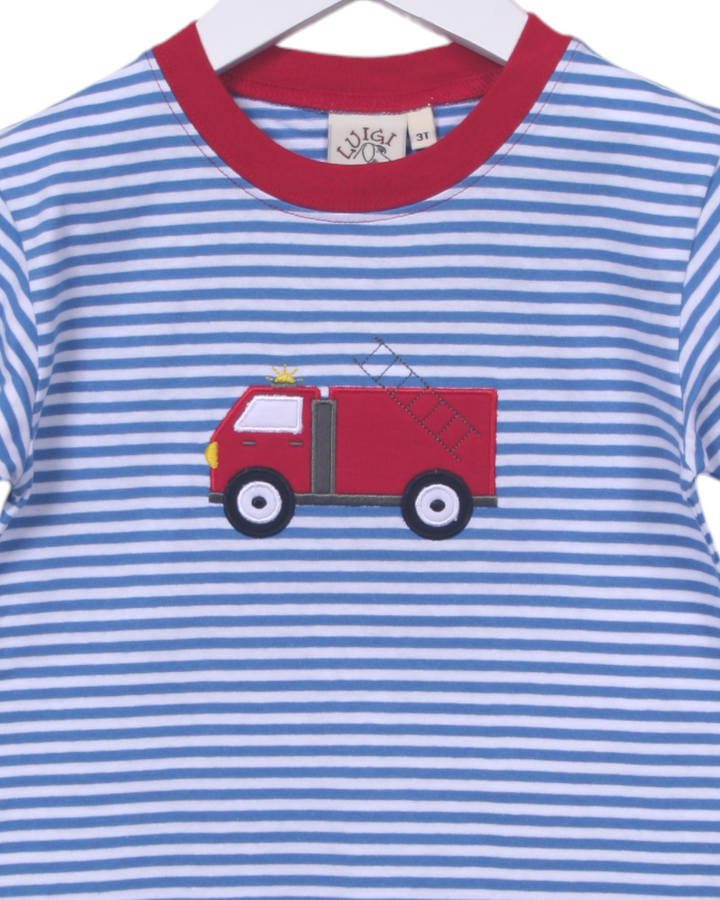 Fire Truck Applique Blue Stripe Boys Shirt, That Store, close up