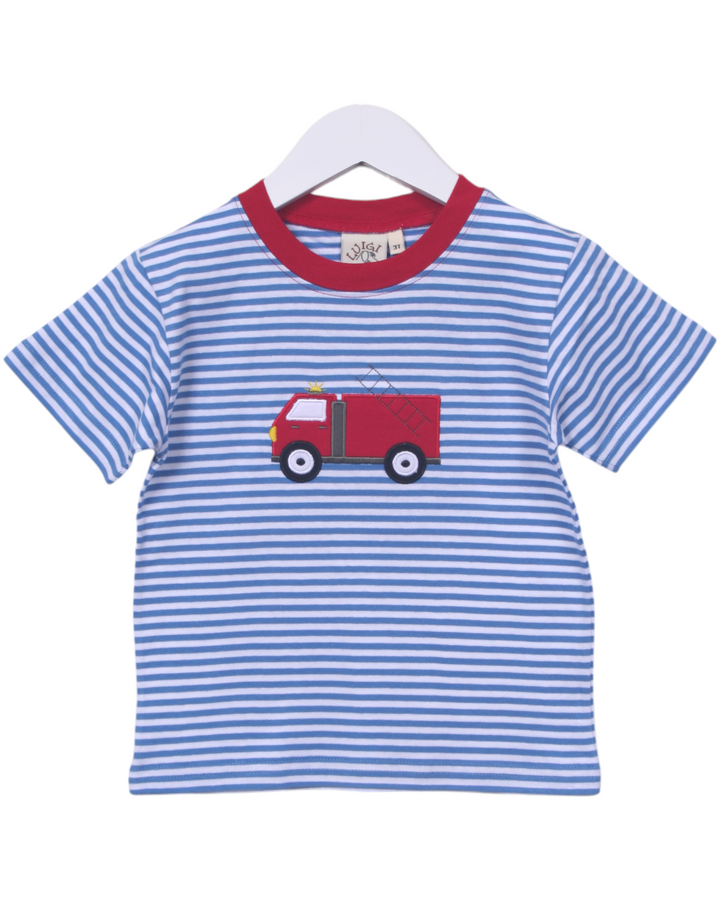 Fire Truck Applique Blue Stripe Boys Shirt, That Store, front