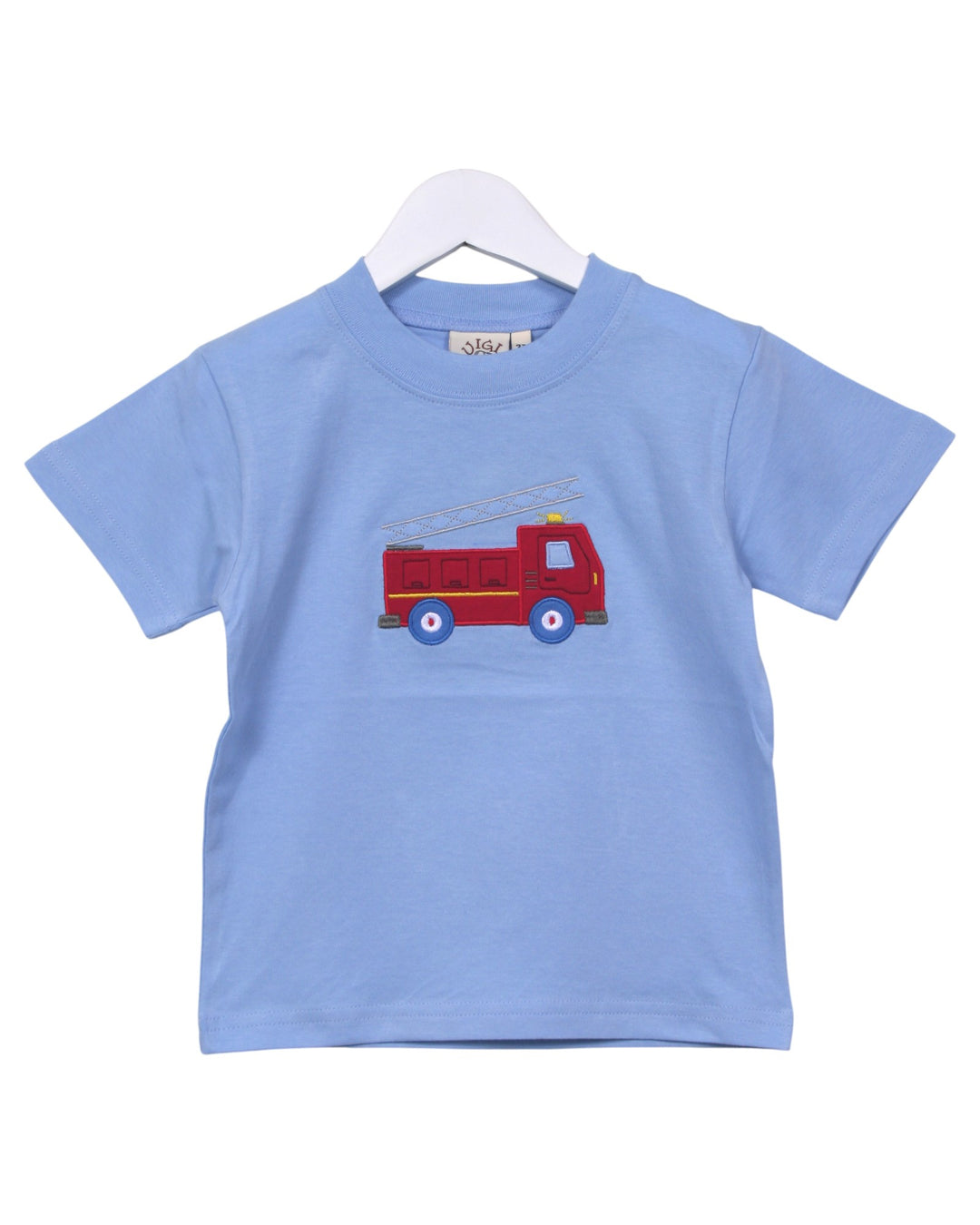 Blue t-shirt with a red fire truck design on a white background