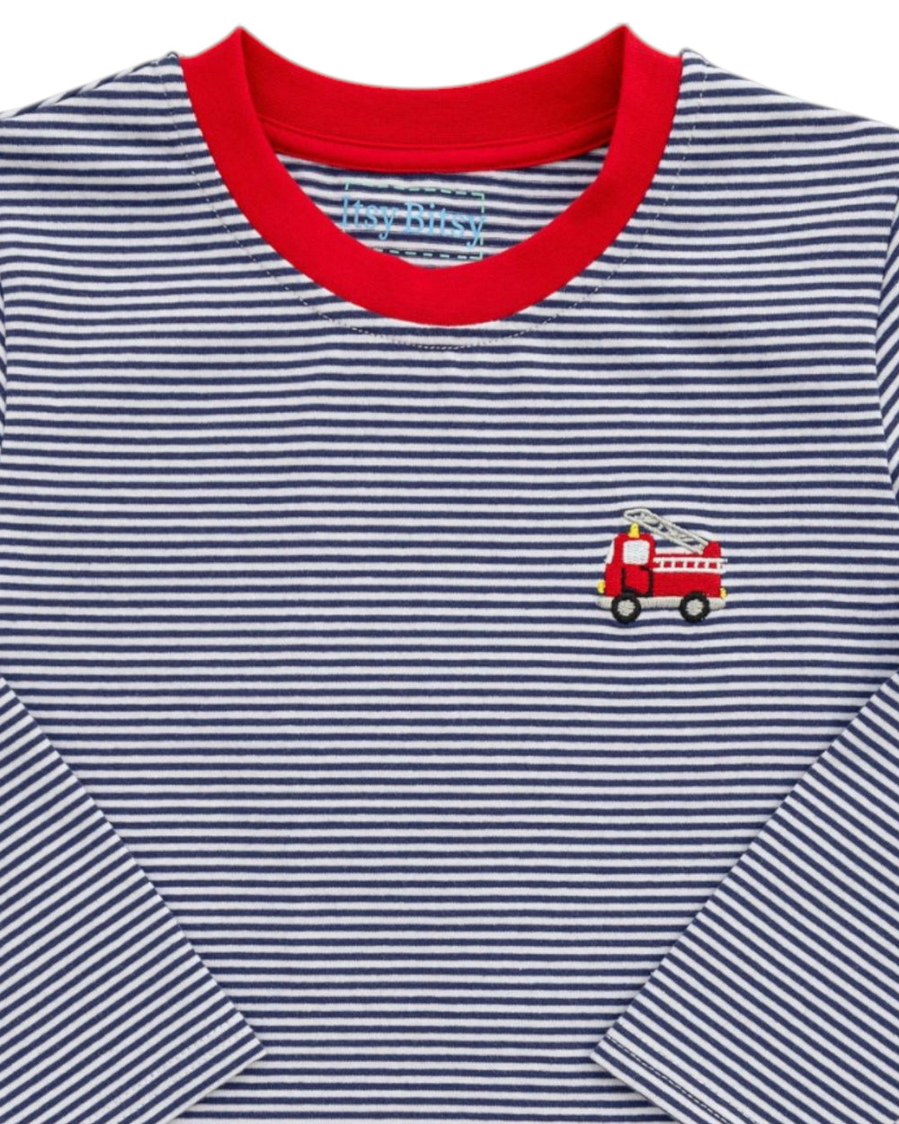 Navy and white striped shirt with red collar and fire truck design on a white background