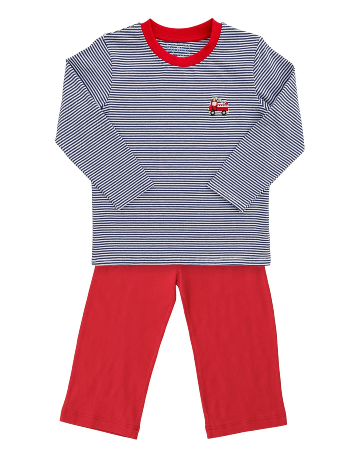 Firetruck Embroidered Blue Stripe Boys Pants Set