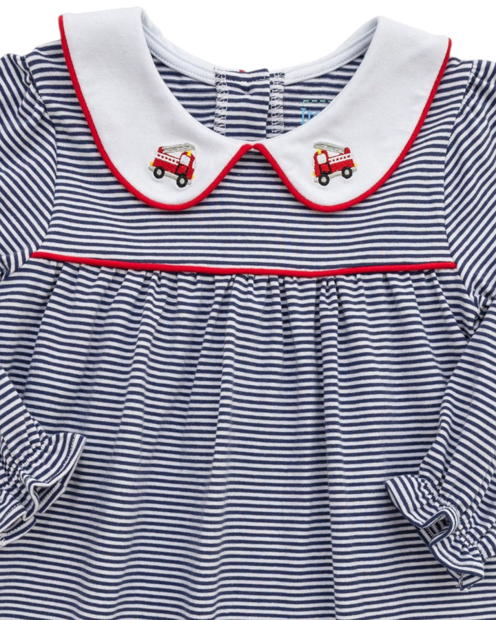 Firetruck Embroidered Blue Stripe Dress