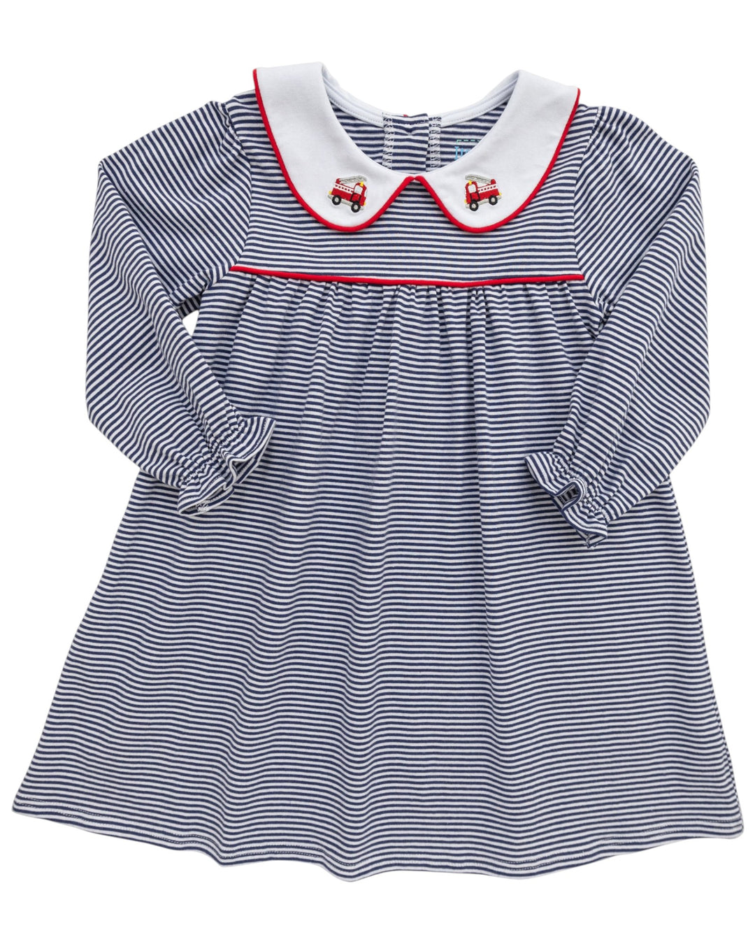 Navy striped dress with white collar and red trim on a white background