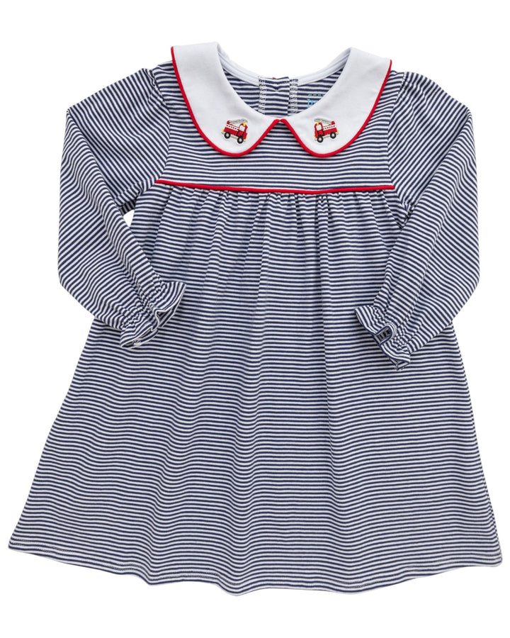 Navy striped dress with white collar and red trim on a white background