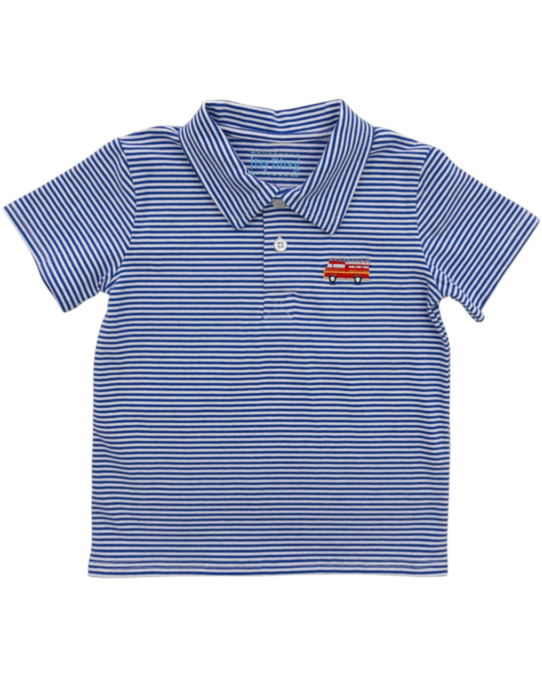 Blue striped polo shirt with a small logo on a white background