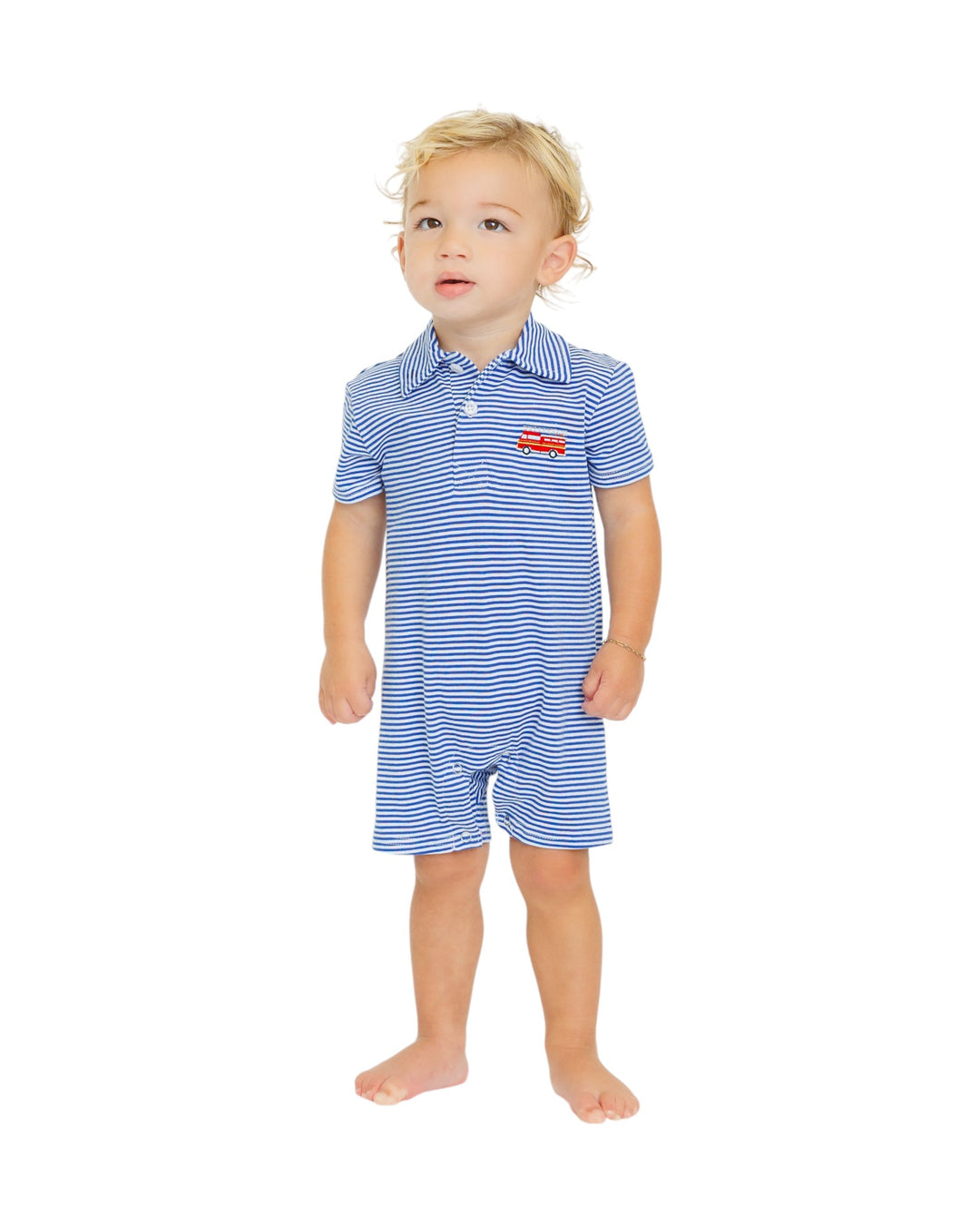 Child wearing a blue striped polo shirt with a red logo on a white background