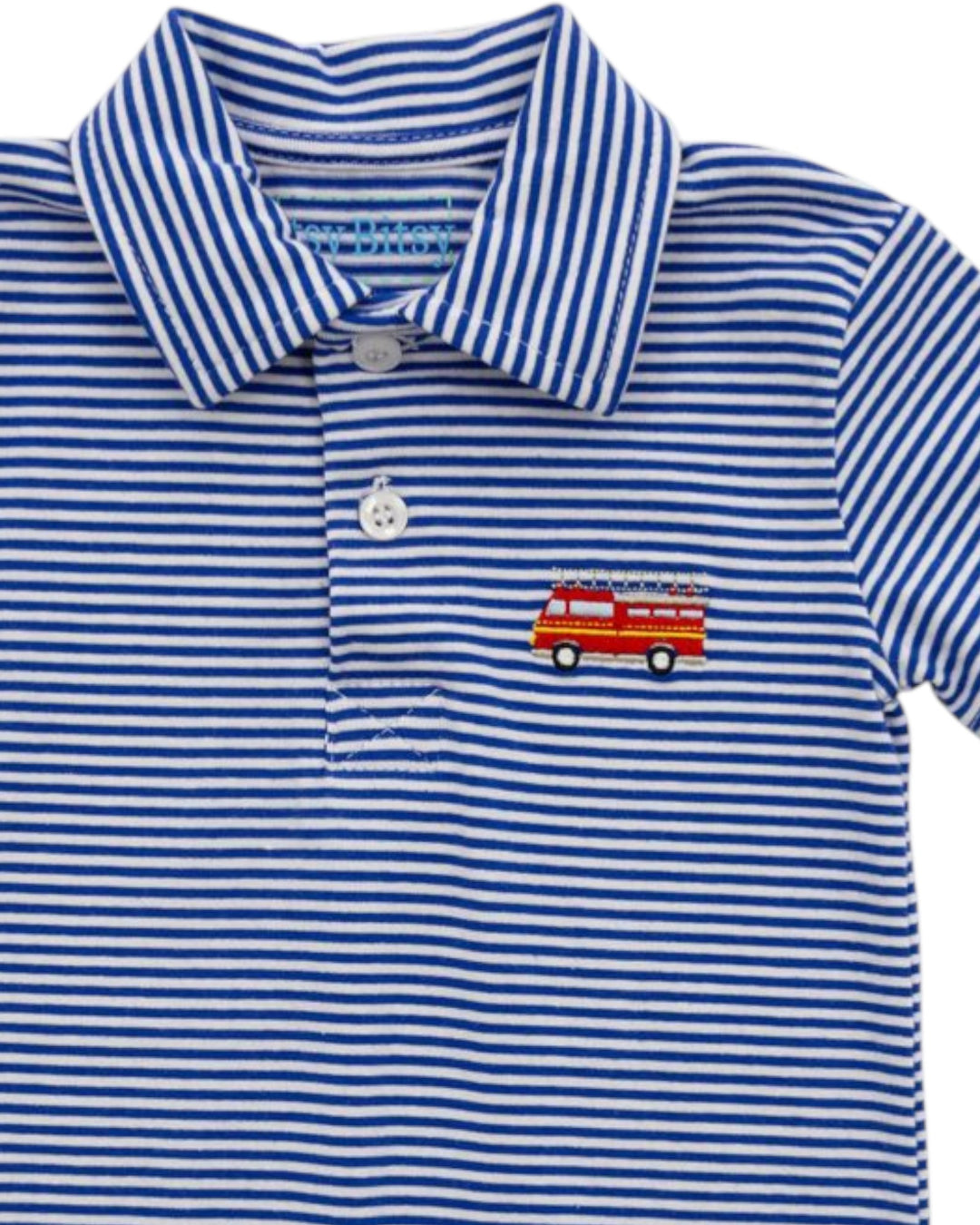 Blue and white striped polo shirt with a small red and yellow graphic on a white background
