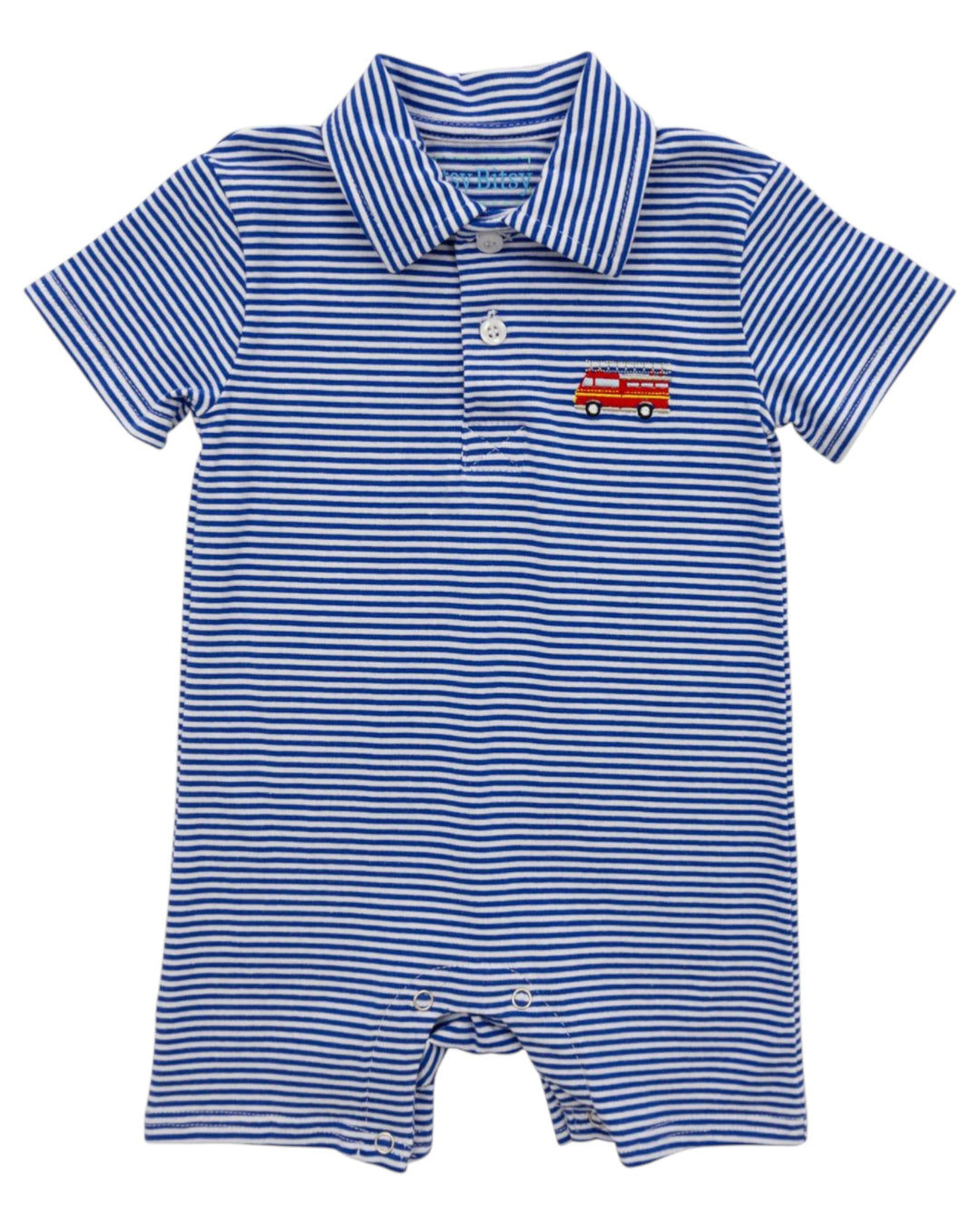 Blue and white striped baby romper with a small red car design on a white background