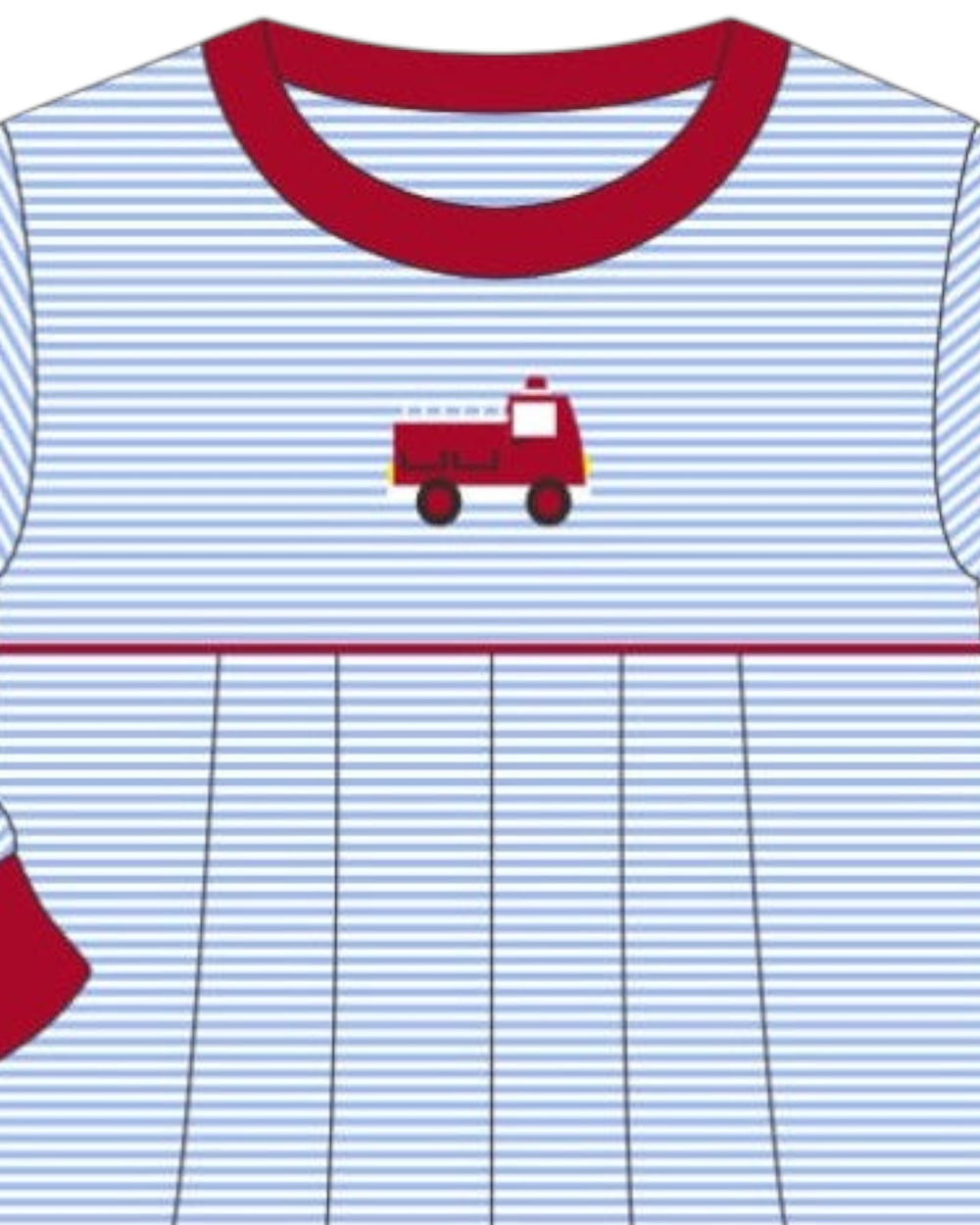 A children's long-sleeve top with a light blue and white horizontal stripe body, a solid red crew neck, and a small red fire truck graphic on the chest, that store