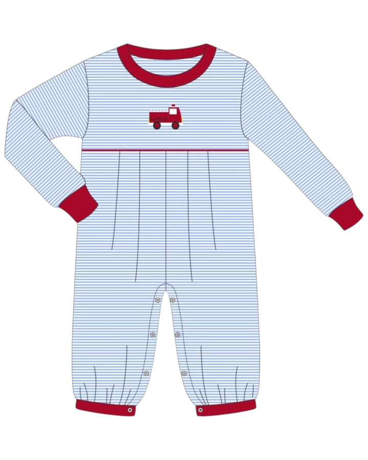 A baby long-sleeve footless pajama romper with light blue and white horizontal stripes, red ribbed collar, cuffs, and hem, and a small red fire truck graphic on the chest, that store