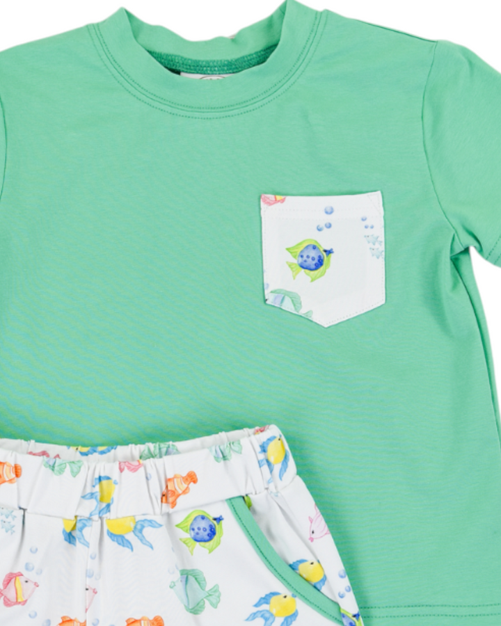 Fish Frenzy Boys Play Green Pocket Short Set, That Store, close up