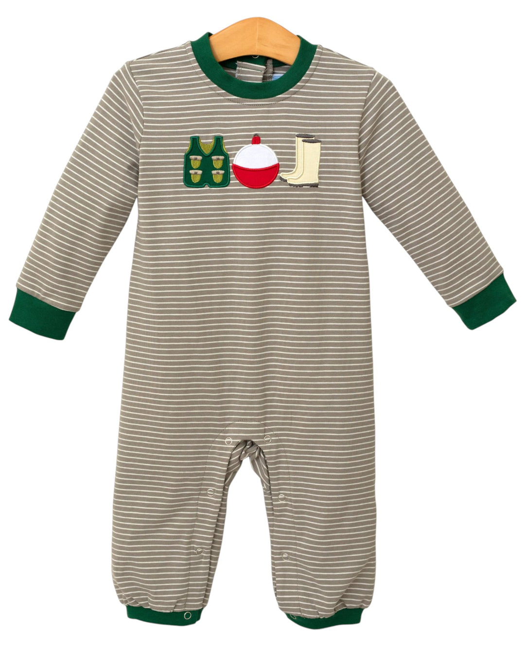 Striped baby romper with fishing-themed appliqués on a white background