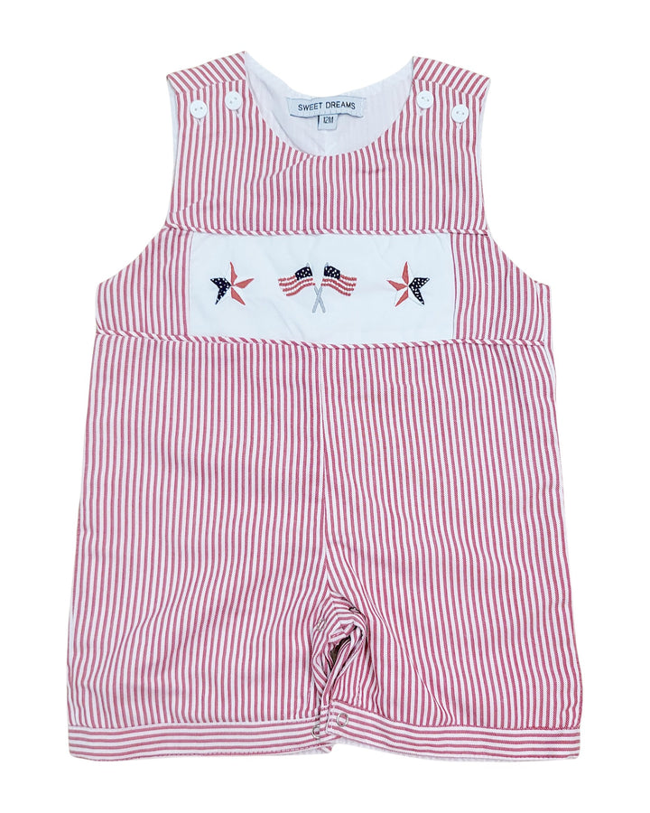 Red and white striped overalls with embroidered stars and flags on a white background, that store
