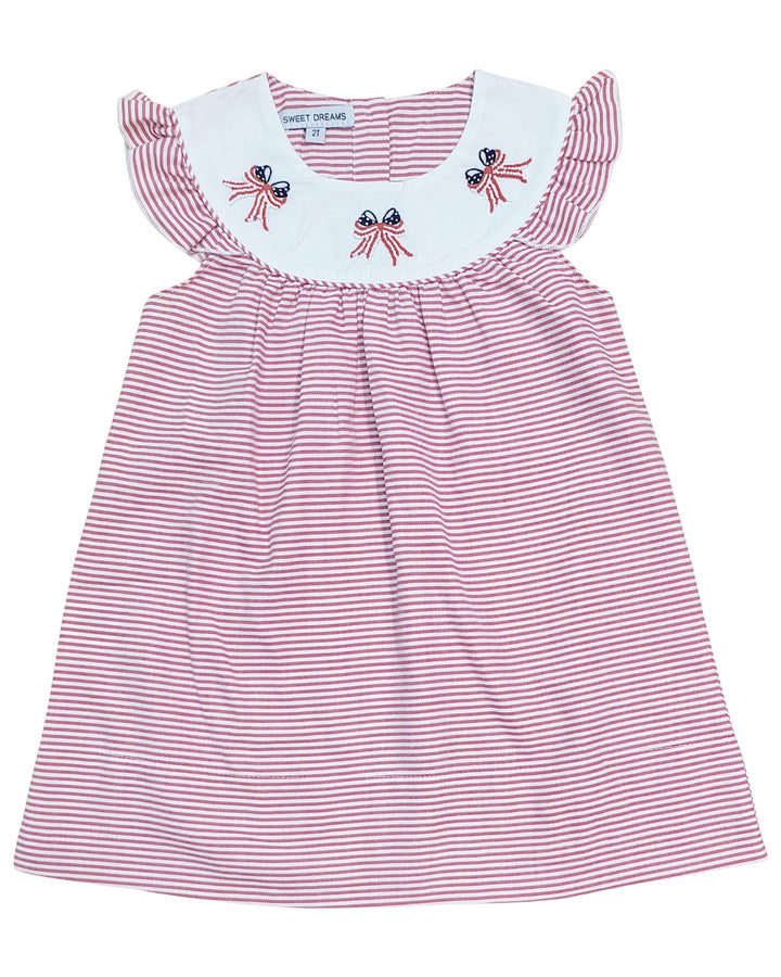 Pink and white striped dress with embroidered details on a white background, that store