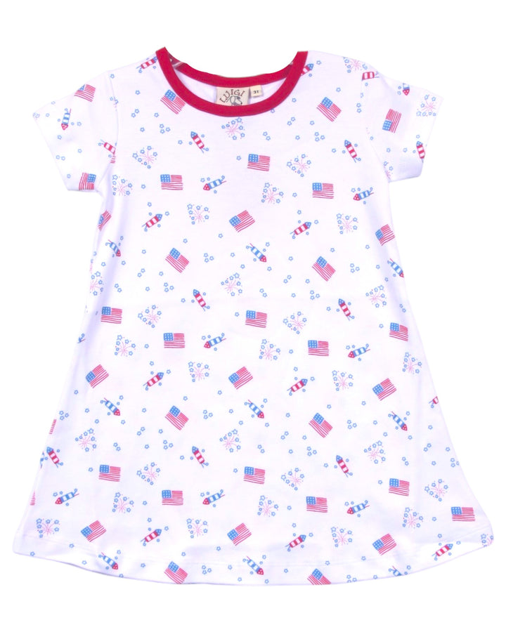 White dress with red, white, and blue pattern on a white background
