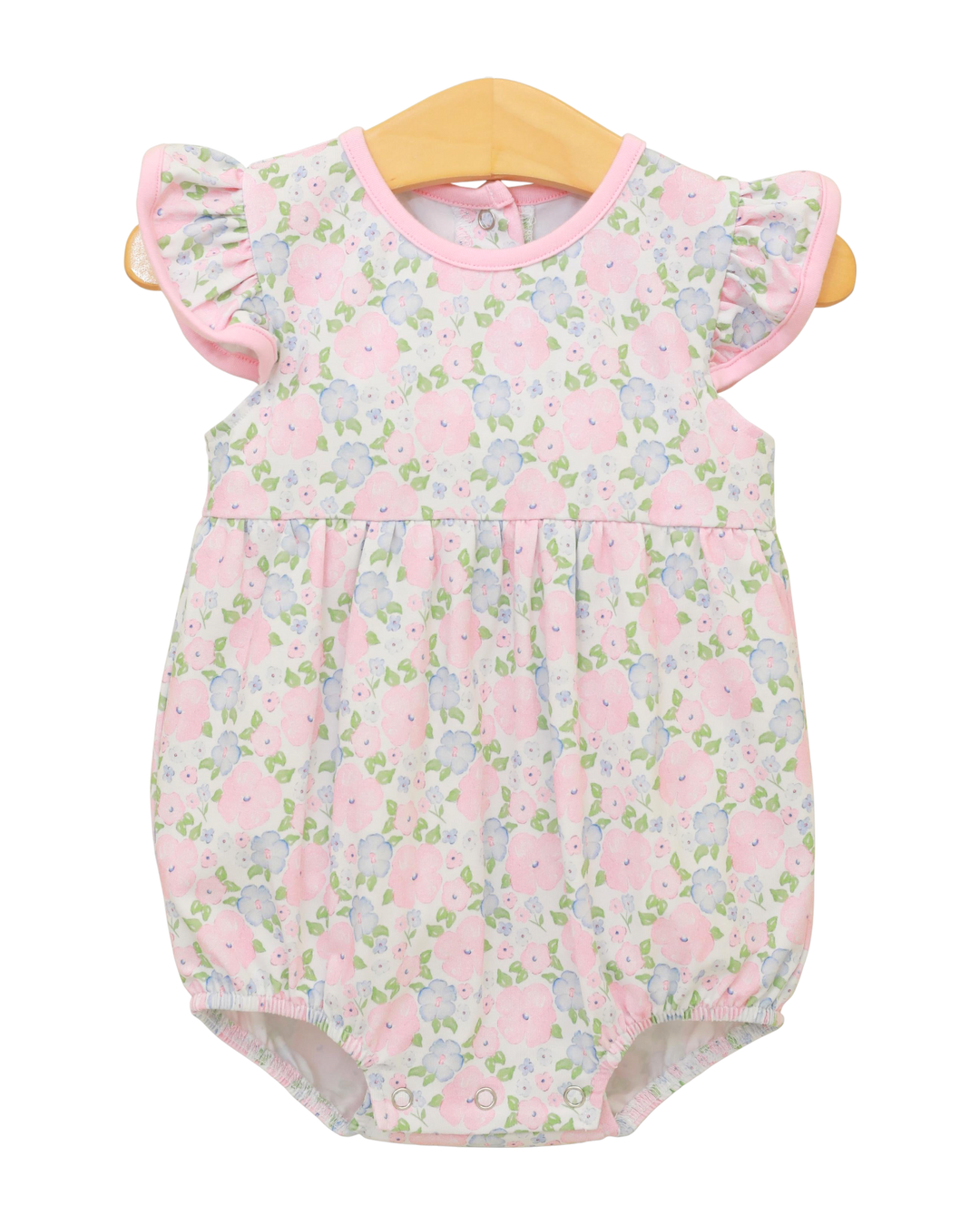 Floral baby romper with ruffled sleeves on a white background