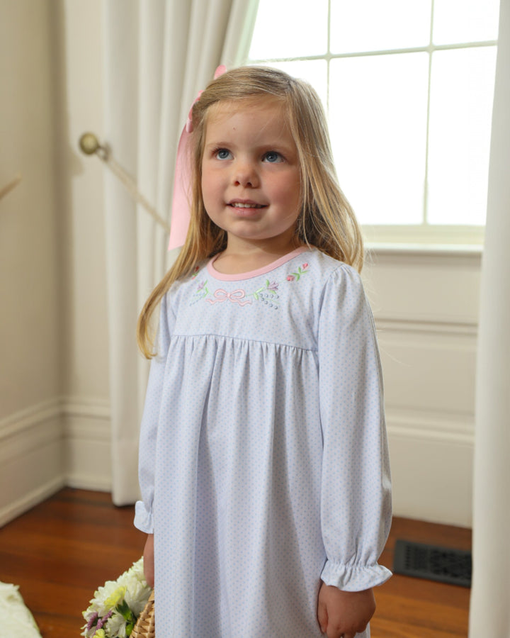 Floral Embroidery Blue Dot Dress