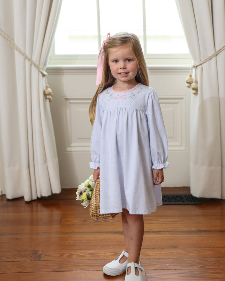 Floral Embroidery Blue Dot Dress