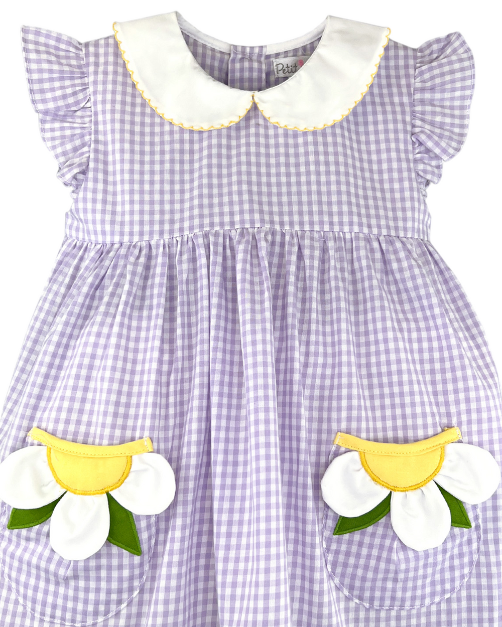 Flower Applique Angel Sleeve Lavender Gingham Dress, That Store, close up