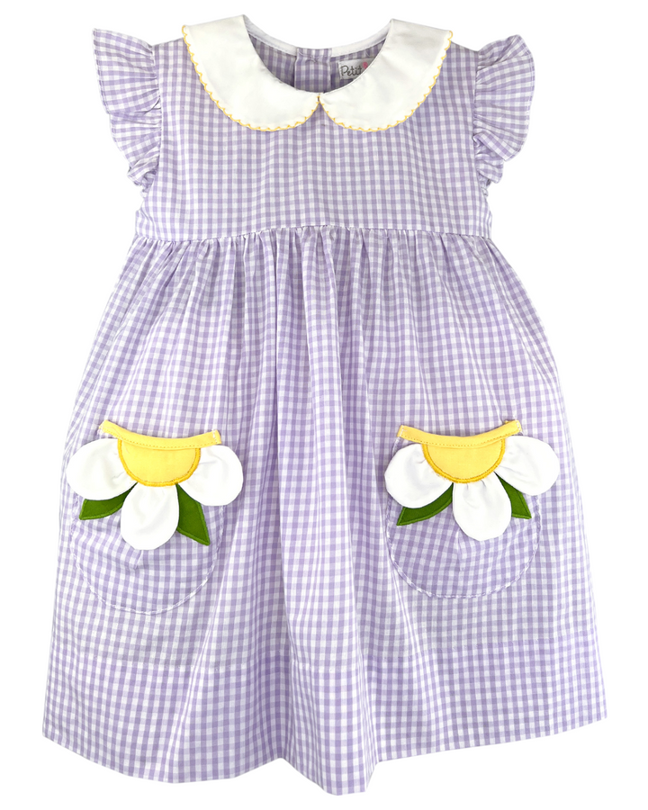 Flower Applique Angel Sleeve Lavender Gingham Dress, That Store, front