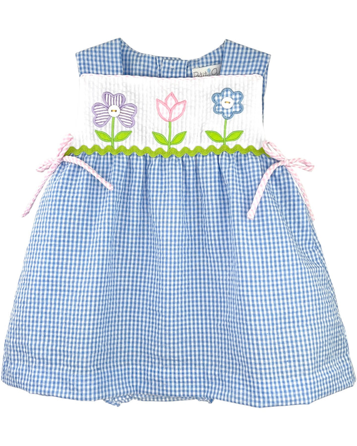 Blue checkered dress with floral embroidery on a white background