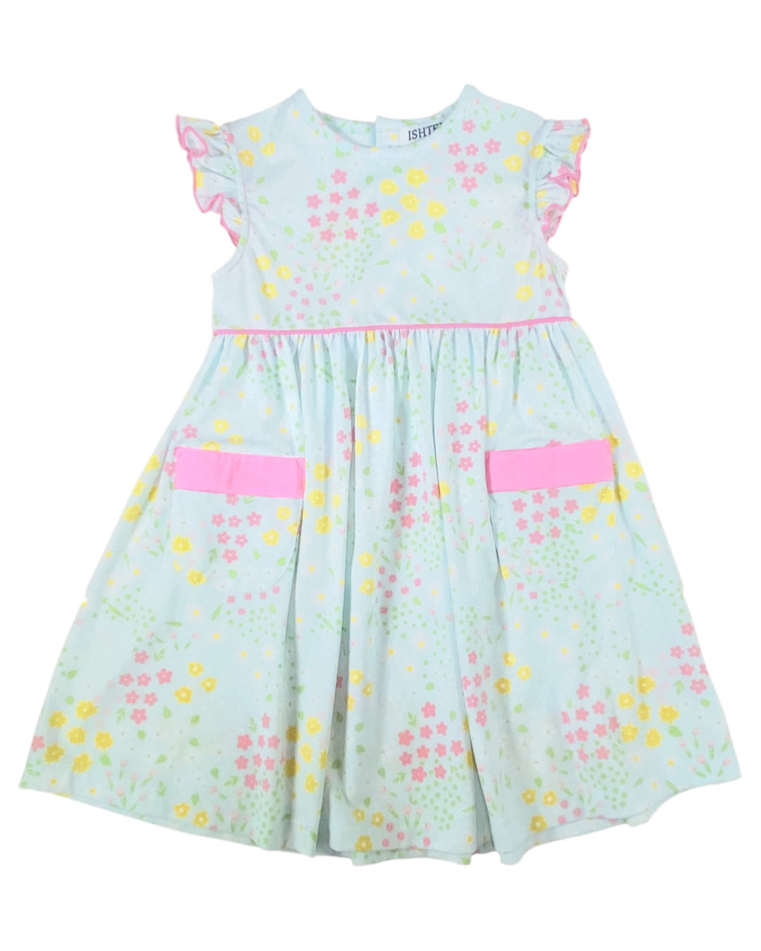 Children's dress with floral pattern and pink accents on a white background