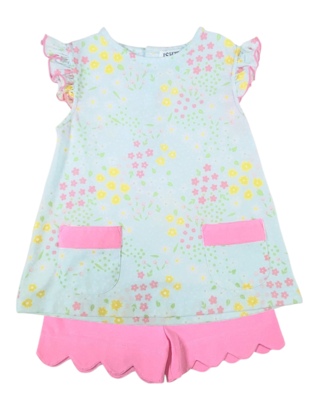 Children's dress with floral pattern and pink accents on a white background