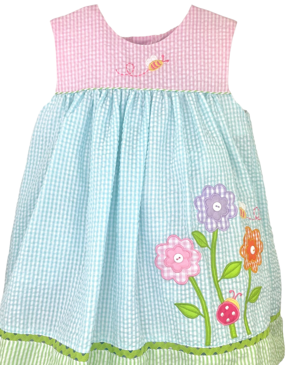 Flower Power Applique Aqua Seersucker Dress, That Store, close up