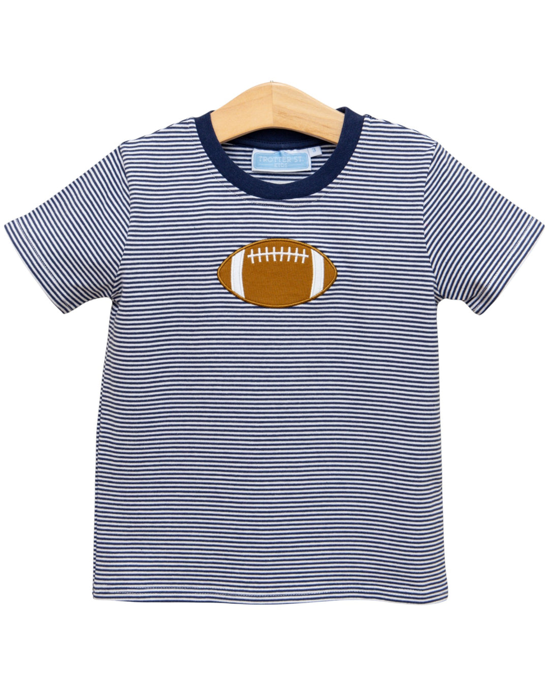 football applique on blue stripe shirt, that store