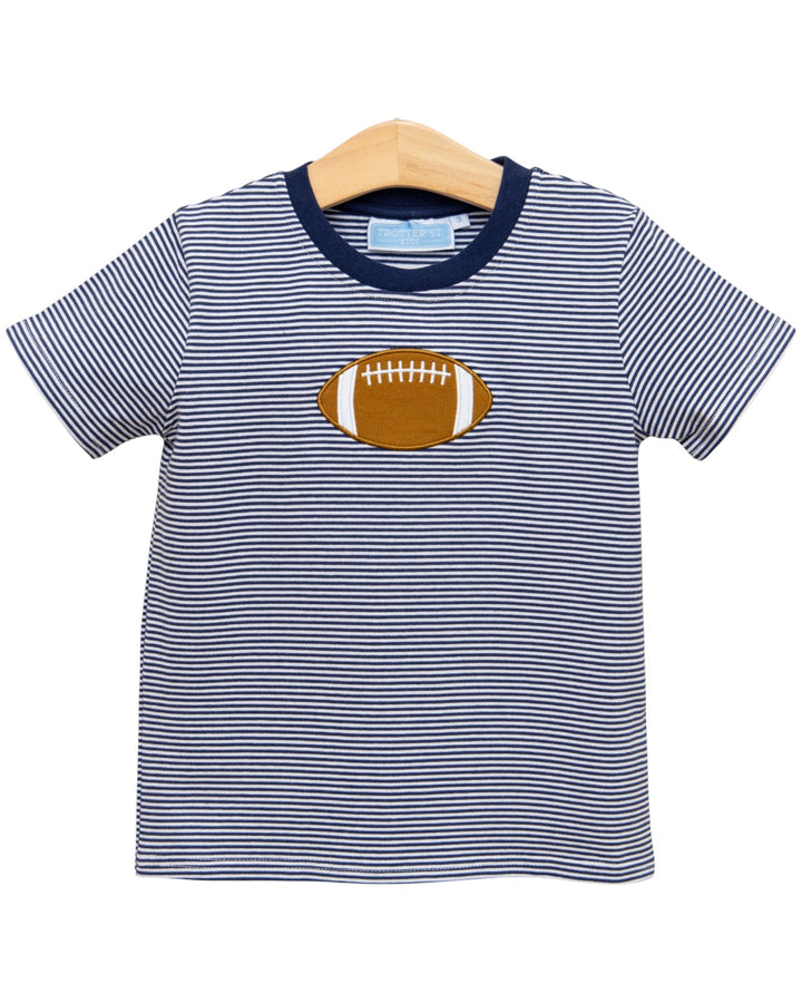 football applique on blue stripe shirt, that store