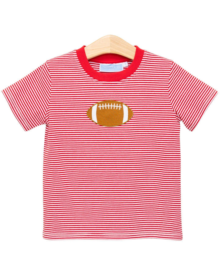 Red and white striped t-shirt with a football design on a hanger against a white background