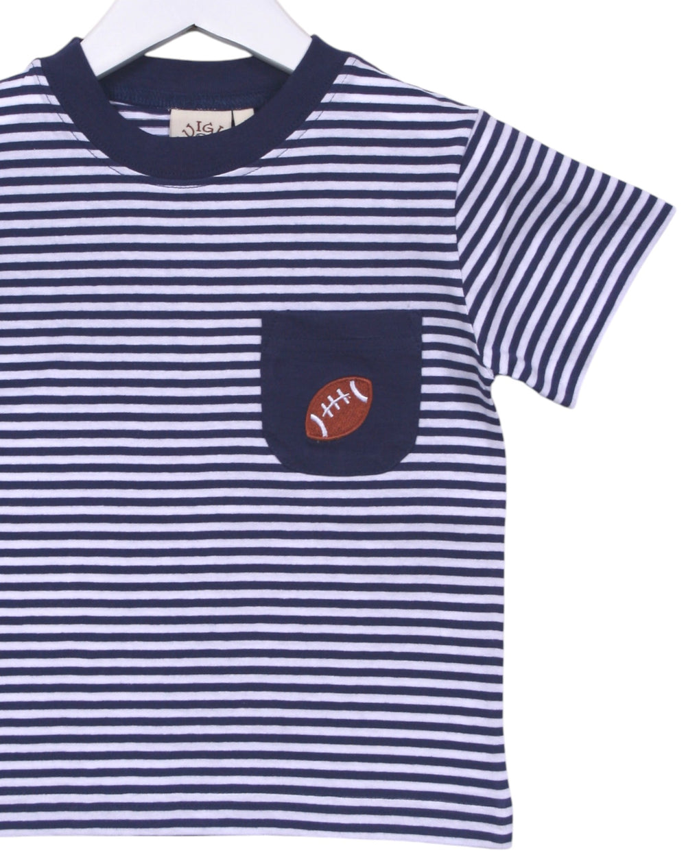 Navy and white striped t-shirt with a football design on a hanger.