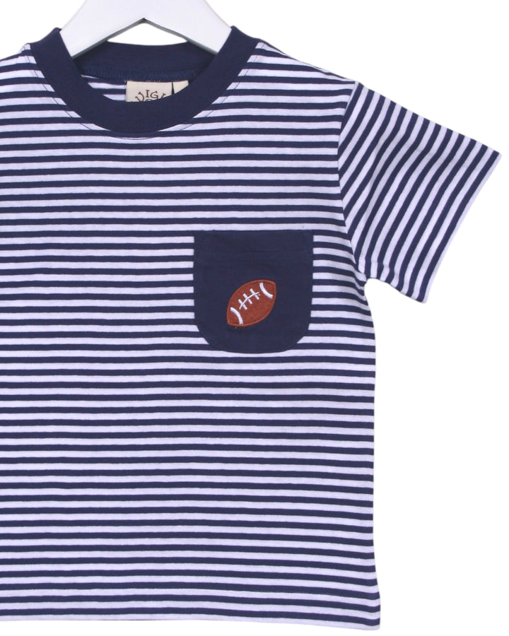 Navy and white striped t-shirt with a football design on a hanger.