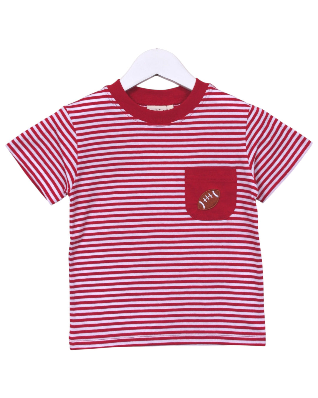 Red and white striped t-shirt with a pocket on a white background