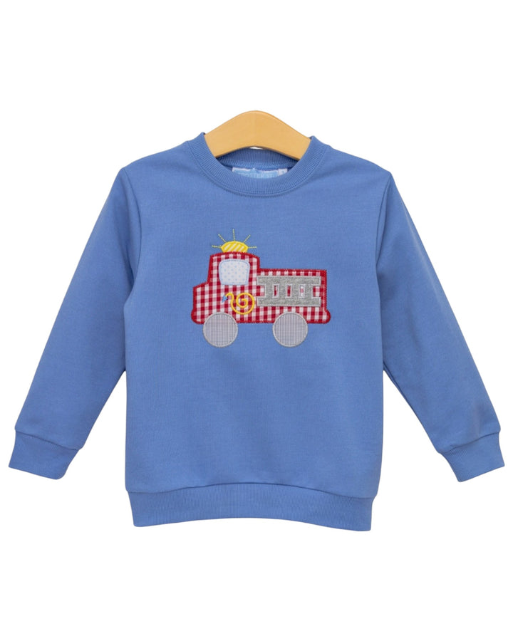 French Terry Blue Boys Pullover- Fire Truck
