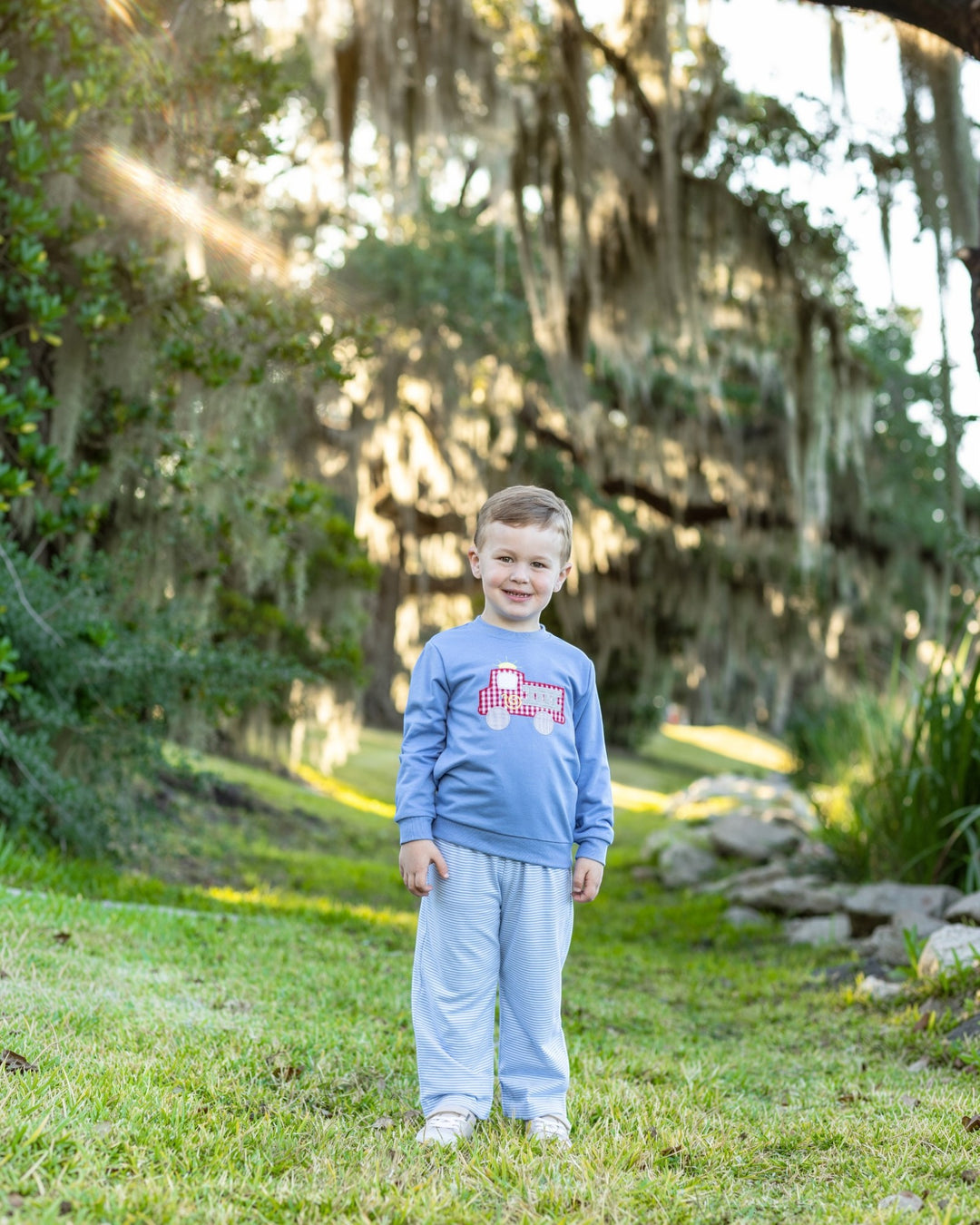 French Terry Blue Boys Pullover- Fire Truck