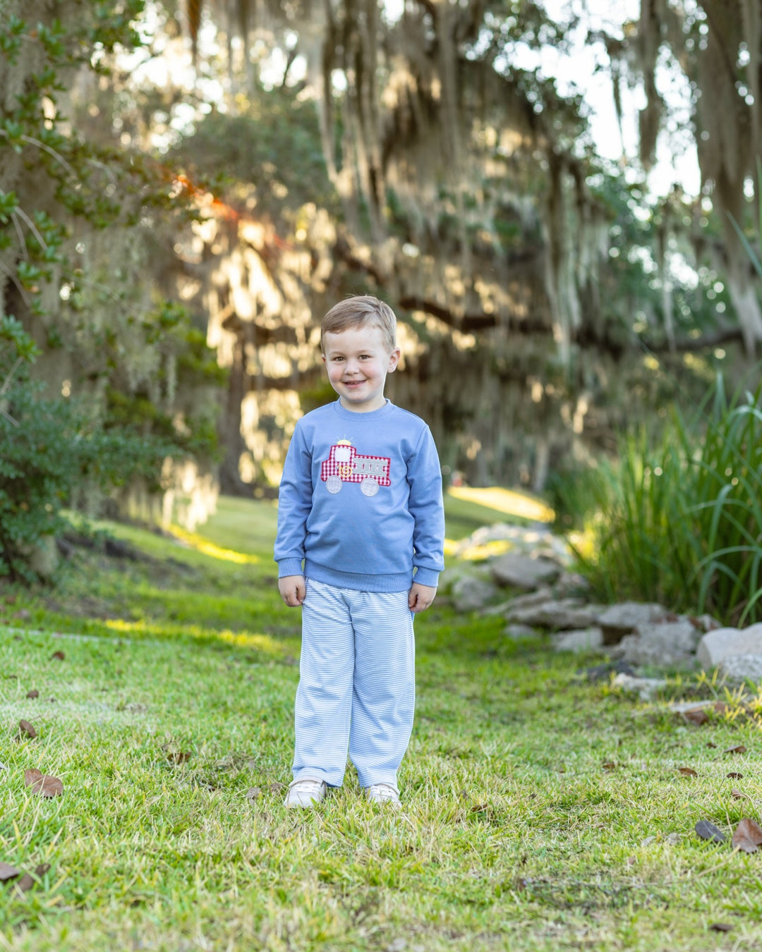 French Terry Blue Boys Pullover- Fire Truck