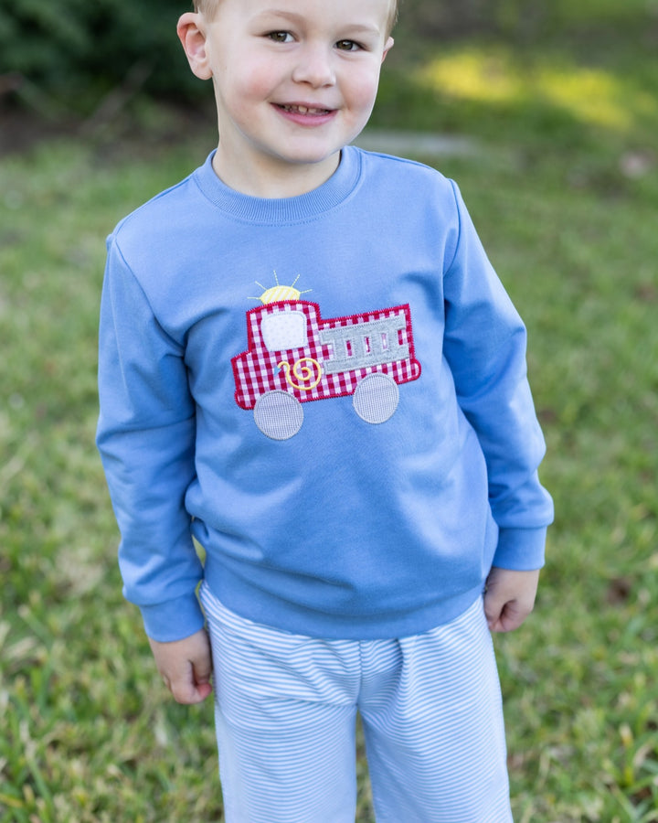 French Terry Blue Boys Pullover- Fire Truck