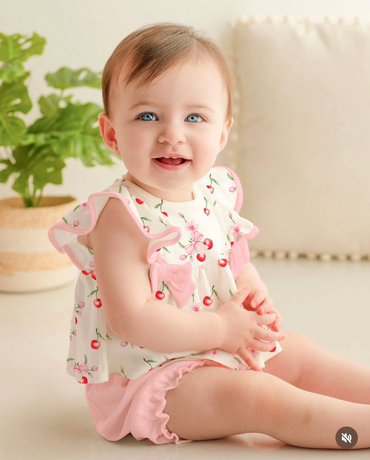 Cherry With Bows Printed Girls Pink Bloomer Set