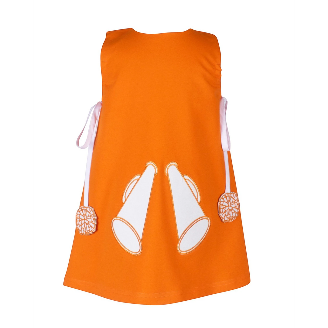 Orange dress with white megaphone designs on a white background
