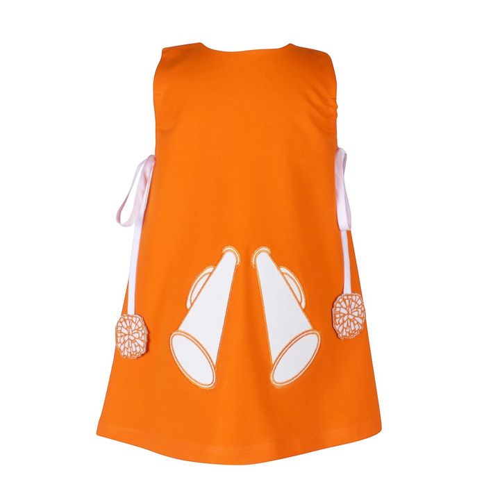 Orange dress with white megaphone designs on a white background