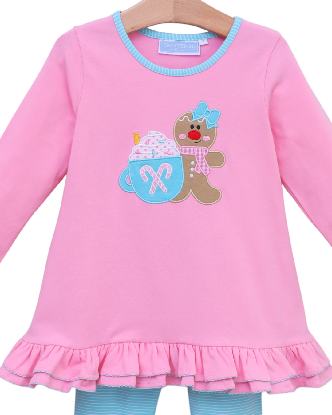 Gingerbread Applique Pink & Turquoise Girls Pants Set, close up