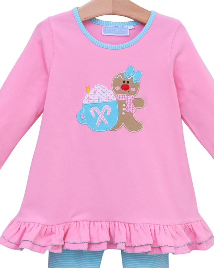 Gingerbread Applique Pink & Turquoise Girls Pants Set, close up