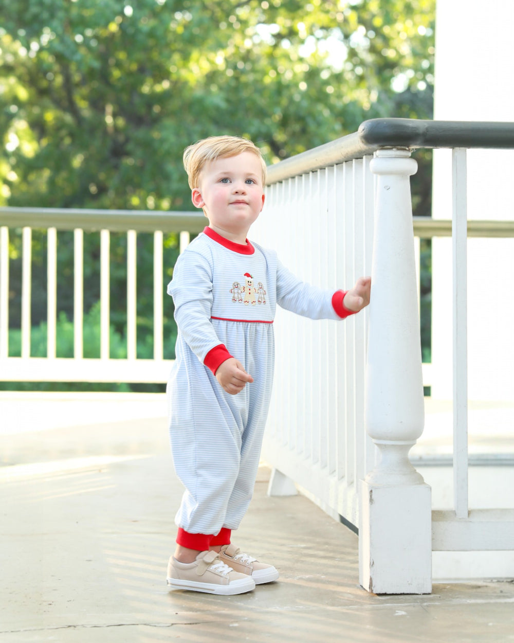 Gingerbread Blue Stripe Boys Romper, That Store, child 1
