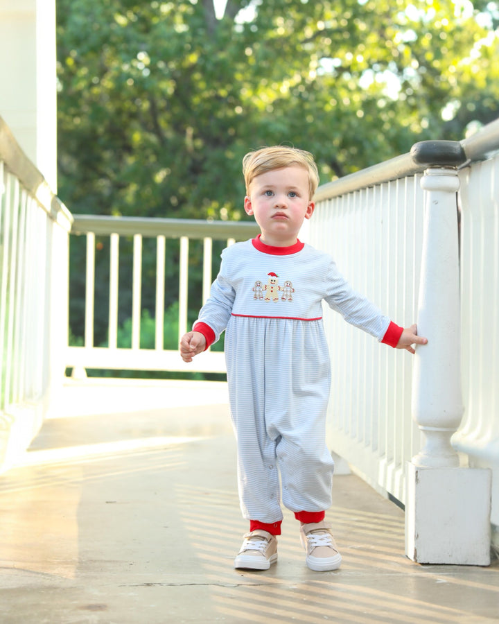 Gingerbread Blue Stripe Boys Romper, That Store, child 2